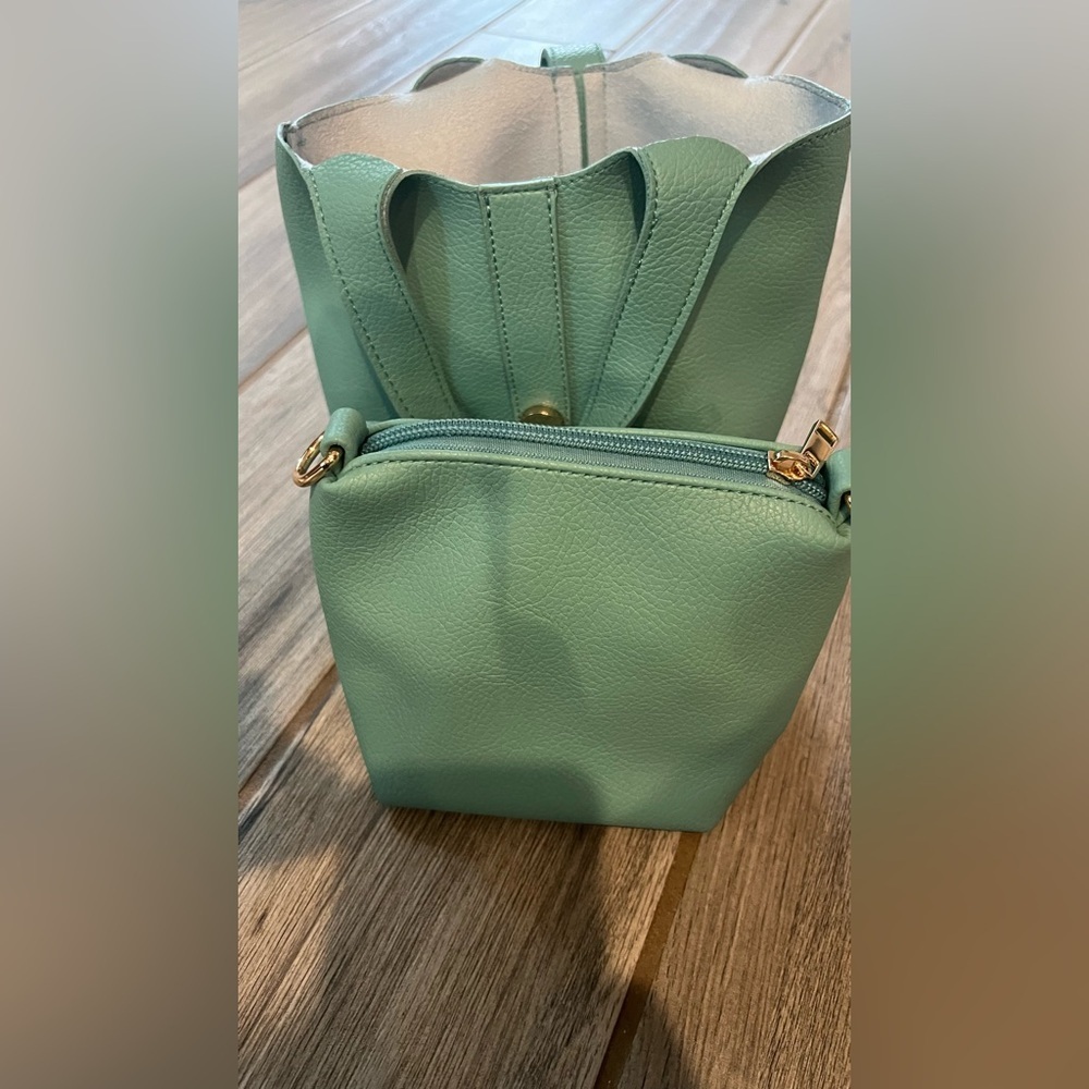 Anthropologie Pebbled Mini Bucket Bag Green - Picture 4 of 5